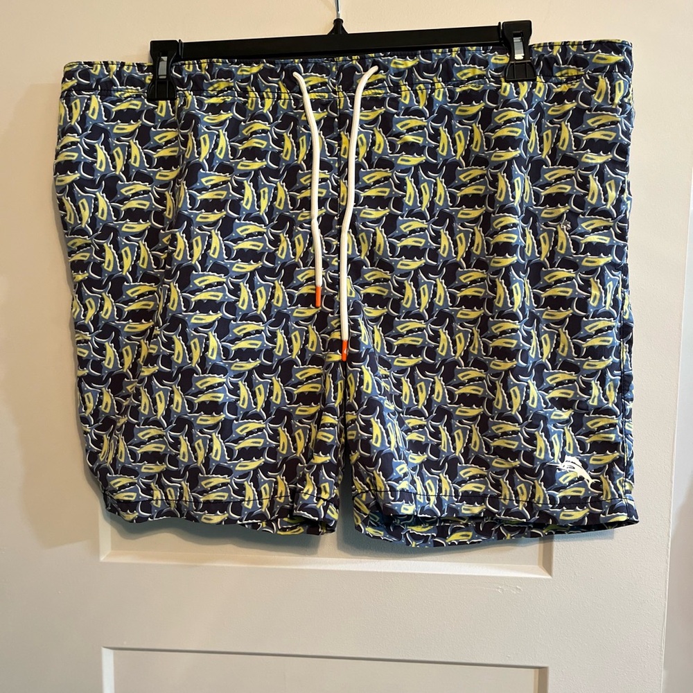 Tommy Bahama Navy and Yellow Fish Print Swim Trunks